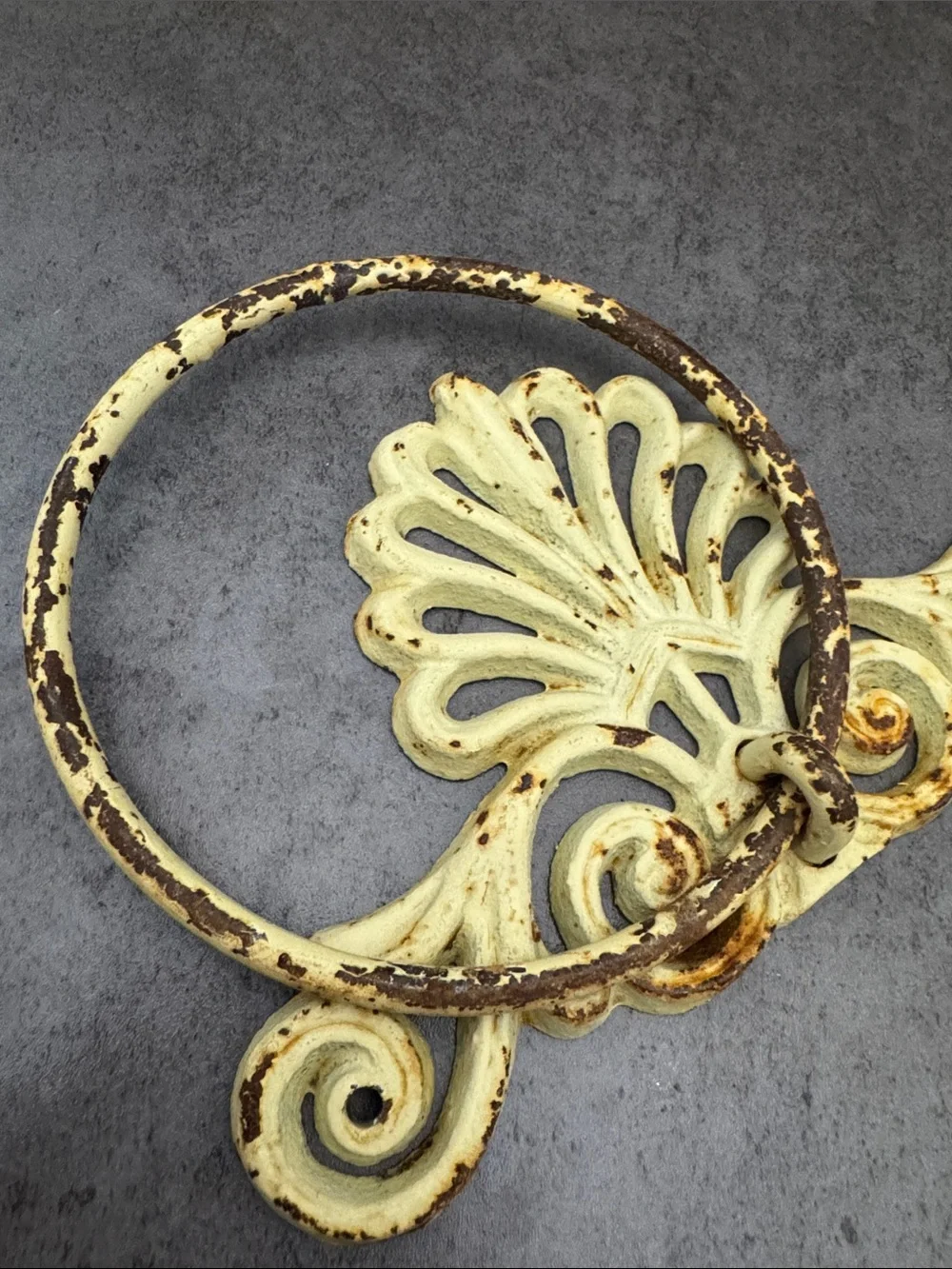 Vintage Cast Iron Towel Ring Holder Distressed Cream Wall Mount